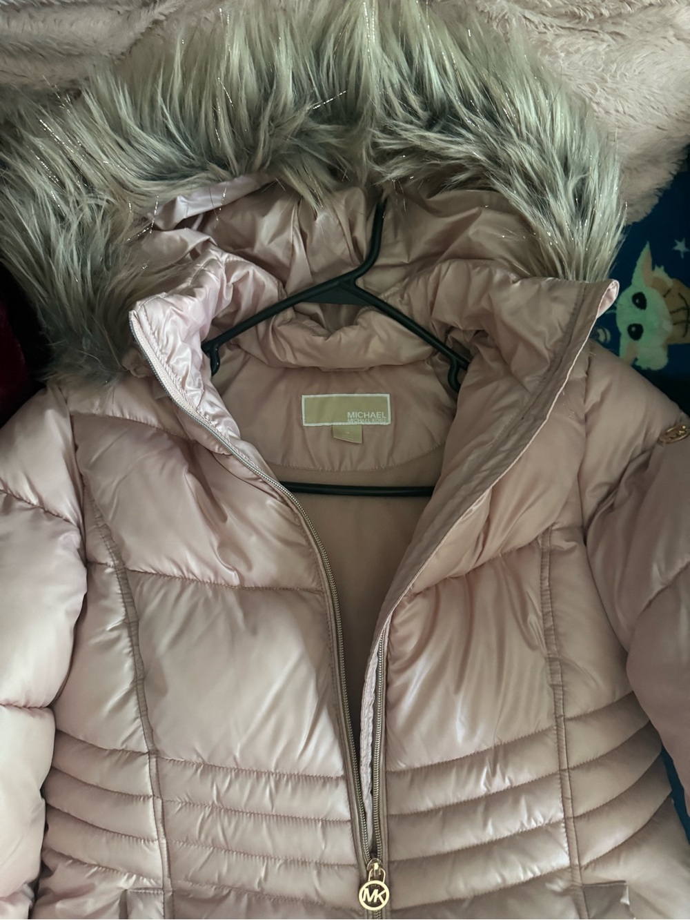Michael Kors Blush Pink Quilted Hooded Puffer with Faux Fur Trim